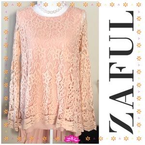 NWT SEXY, ZAFUL LONG SLEEVE LACEY, BEAUTIFUL, HIGH LOW PLEATED TOP